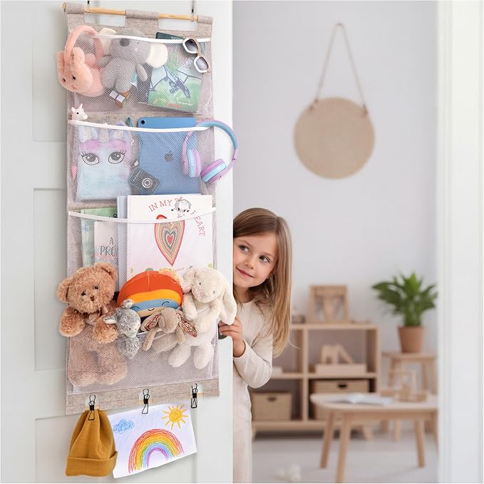 Over the Door Stuffed Animal Storage for Kids – Felt Organizer with Clips to Display Art and Mesh Pockets for Stuffies, Books and More – Space-Saving Hanging Design that Grows with your Child