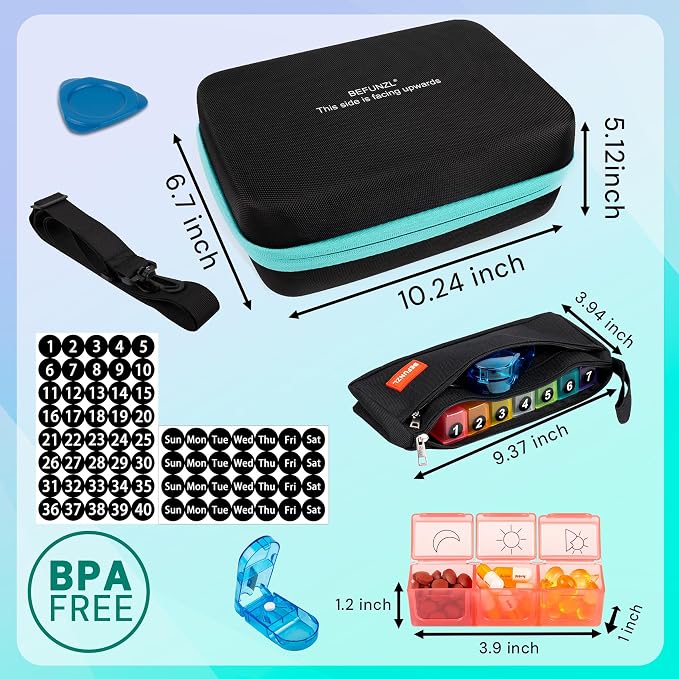 Monthly Pill Organizer, Medicine Organizer Box with Portable Hard Shell and Pill Cutter, 31 Day Pill Holder with Weekly Pill Bag (Green, 3 Times a Day)