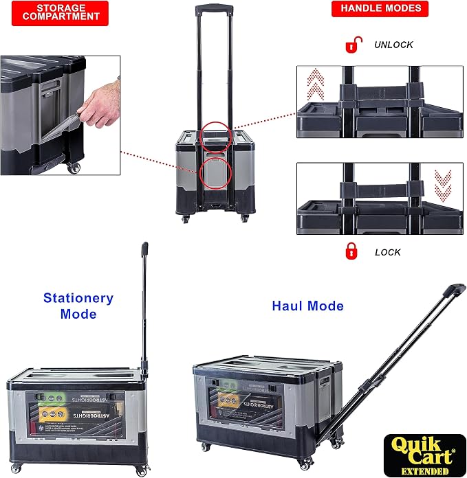dbest Products Quik Cart Extended Collapsible Rolling Crate - Gray & Black | with Wheels, Dual Side Doors, Two-Position Handle, 360 Spinner Wheels, Foldable Utility Basket Cart with Seat, 80 lbs