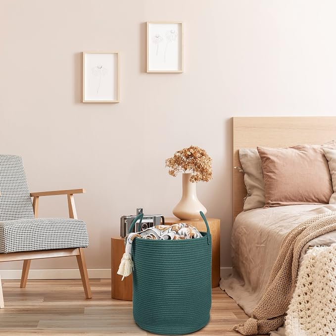 XUANGUO Cotton Rope Laundry Basket Hamper for Clothes Large Dark Green | Baby Nursery Hamper Bin and Woven Storage Basket for Living Room Bedroom Boho Tall Rope Baskets Blankets Toys Pillows Towels