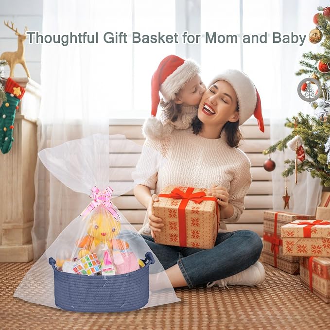 COMSE Small Gift Basket Empty with Bag & Ribbons, Solid Folkstone Gray | Cotton Rope, 12"x 8"x 5", Pet Toy Storage Organizer, Woven Basket for Birthdays, Baby Showers, Mother’s Day, Valentine’s Day