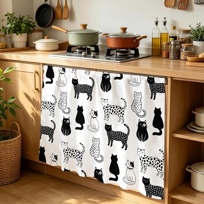 Cat Animal Cabinet Curtain 35"Wx35"L,Dustproof Under Sink Skirt with Self Adhesive Tape,Black White Earthy Tone Pet Modern Minimalist Cabinet Curtain Cover for Kitchen Sink,Bathroom Vanity,Laundry