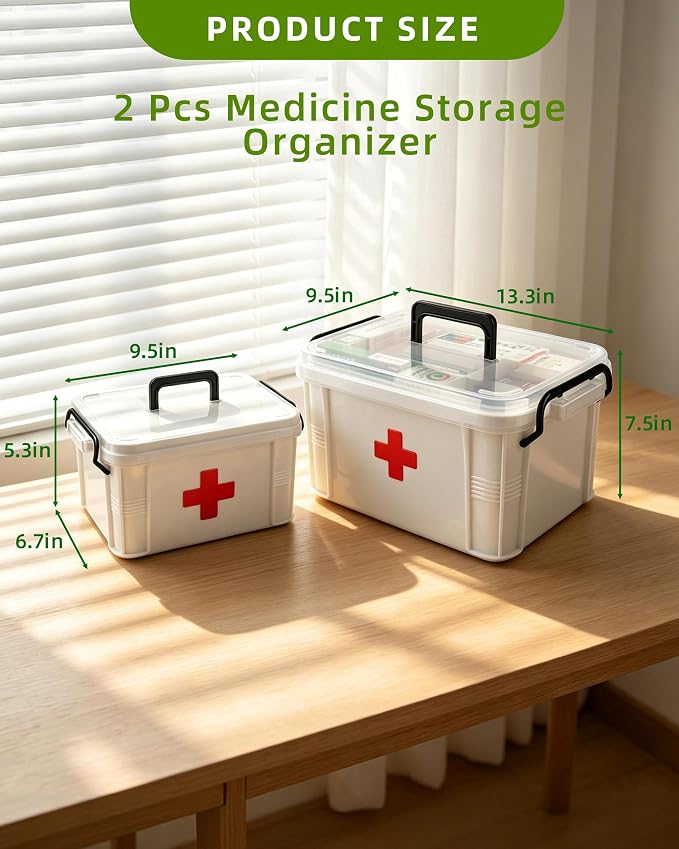 2 Pack Clear Medicine Storage Box with Removable Tray, Large & Small Size Thickened Empty First Aid Box with Carry Handle, Multipurpose Portable Medication Organizer for Home Travel Car Camping