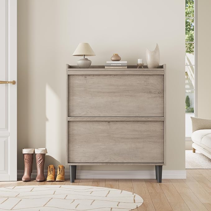 GarveeHome Shoe Cabinet with 2 Flip Drawers, Wooden Shoe Organizer Cabinet with Adjustable Shelf, Shoe Storage for Entryway, Hidden Shoe Cabinet for Hallway, Living Room, Grey