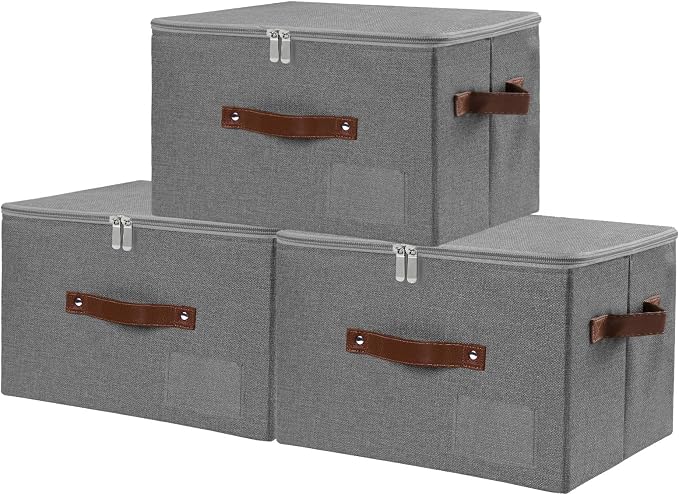 ANMINY Storage Box Fabric Bins with Zipper Lid, 15"x10"x10" Gray 3PCS | Keepsake Box, Decorative, Cotton Linen, Reinforced PP Board Frame, Washable, Stackable & Foldable, Label Holder & PU Handles