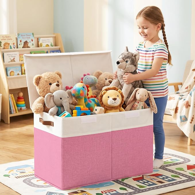 Large Toy Storage Box with Lids, Collapsible Sturdy Baby Storage Organizer Chest Bin Basket for Kids, Boys, Girls, Playroom, Nursery, Bedroom, Closet 25"x13"x16" (Pink and White)