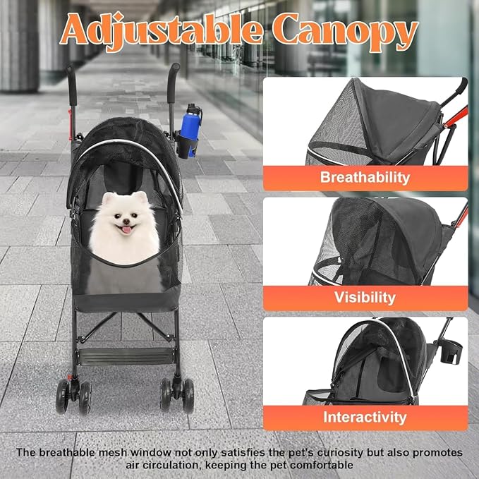 Pet Stroller for Small Medium Dogs Up to 22lbs, 4 Wheels Folding Pet Carriage Cart for Dogs Cats, Portable Cat Puppy Jogging Stroller with Rear Pocket and Cup Holder (Black)