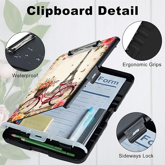 A4 Clipboard with Storage Pen Holder, Clipboards Organizer Nursing Clipboard Foldable File Folder Plastic Clipboard Folio Clip Board for Office Work Classroom Doctor, Bicycle Leaning Tower