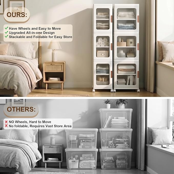 3-Tier Tall Narrow Plastic Storage Cabinet of 2, Foldable | Rolling Organizer with Lid,Doors,Stackable, Adjustable Shelves, Durable PP,Freestanding Bathroom Cabinet for Small Slim Space