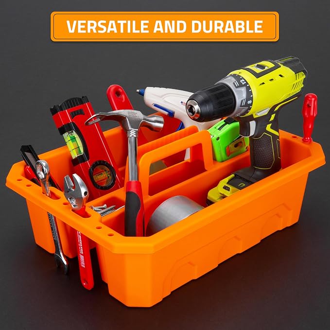 CANOPUS Storage Tray Tote with Functional Holes - 2 PCs Plastic Cleaning Caddy with Handle, Portable Caddy, Undersink Storage for Kitchen, Shoe Cleaning Box, Products Organizer, Orange