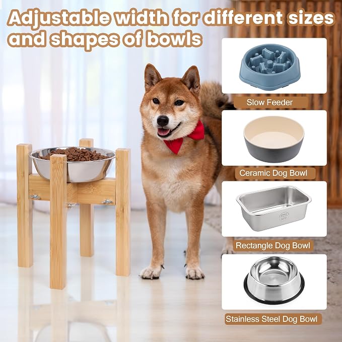 Elevated Dog Bowl Stand Adjustable Dog Food Holder 10”H Medium Bamboo | 10” Elevated Dog Bowl Stand, Medium Dogs, Adjustable, Fits 7”-10” Bowls, Single Bowl Holder, Natural Bamboo, Classic