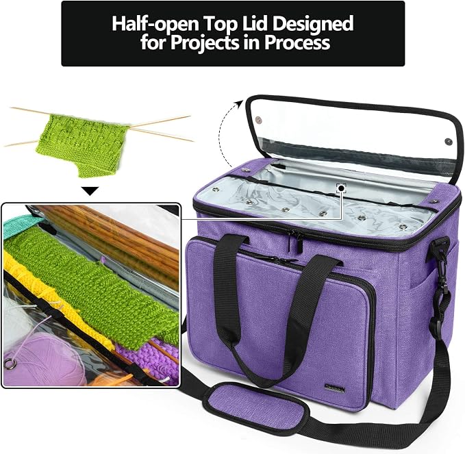 Teamoy Knitting Bag, Yarn Storage Organizer Crochet Bag Tote, Purple | Yarn Holder with Inner Divider(Sewn to Bottom) for Crochet Hook, Knitting Needles(Up to 14"), Project and Crocheting Supplies