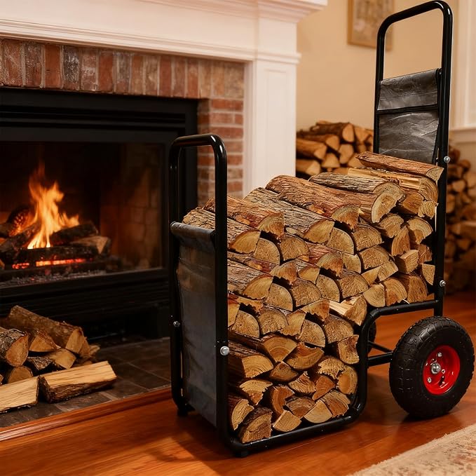 Doublehorse Firewood Cart 27x20x44 in Steel Pneumatic Wheels Gray | Heavy Duty Metal Waterproof Portable Storage Rack for Outdoor Camping Backyard Fireplace Indoor Use