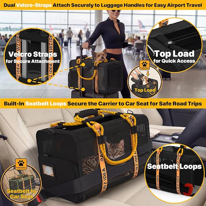 PAWZIDEA Expandable Pet Carrier with Wheels, TSA Airline Approved, Up 18lbs | 18x11x11 Underseat, Rolling Soft-Sided Carrier for Large Cats & Small Dog Travel Bag, Self-Locking Zippers, Telescopic Handle