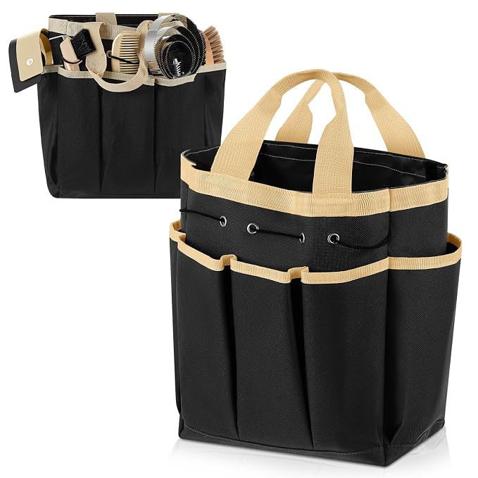 Abbylike Grooming Tote,Vintage,15 x 12 x 5.5 Inch,Khaki and Black | Tote Bag for Horses and Dogs, Organize Tack Tools Equestrian Grooming Kit, Care Portable with Multiple Pockets for Supplies