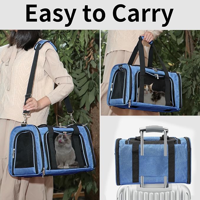 Soft-Sided Cat/Dog/Pet Carrier, Collapsible Pets Travel Carriers | for Big Cats/Small Dogs with Shoulder Strap & Removable Mat, Mesh Puppy Carry Bag, Up to 16 Lbs, TSA Airline Approved(Blue)