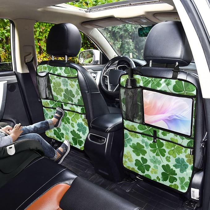 1 Pack Back Seat Car Organizer with Storage Pockets Kick Mats Back Seat Protector Hanging Car Organizer Automotive Seat Back Cover Organizers Green Nature St Patrick Clovers