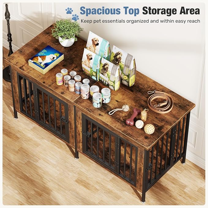 DUMOS 54" Dog Crate Furniture for 2 Dogs with Divider, Rustic Brown | Wooden Dog Kennel Furniture, Small Breed Center Divider and Double Doors, Heavy Duty Indoor Dog Cage, TV Stand, Side Table