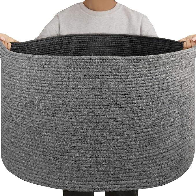 OIAHOMY 105L Extra Large Blanket Basket - Decorative Cotton Rope Storage Basket for Bedroom, Living Room & Nursery - Woven Laundry Hamper for Organizing Blankets, Clothes & Toys - Grey