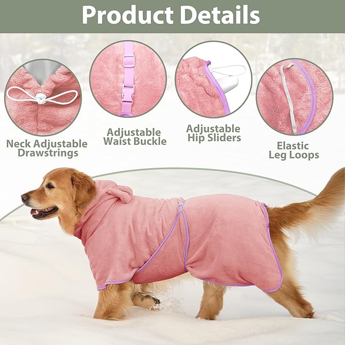 Dog Bathrobe Super Absorbent Towel Robe - Microfiber Bath Towels Fast Drying Coat for Dogs, Cute Dogs Clothes Adjustable Collar & Belly Strap Warm Keeping Hooded Dog Towel (Pink, Medium)