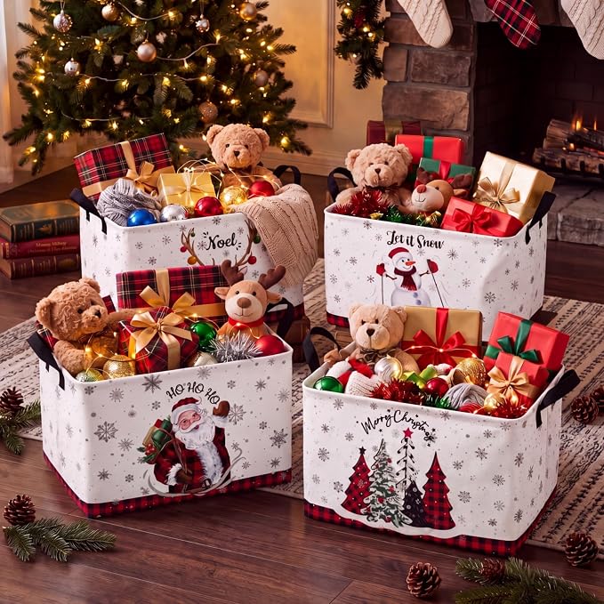 4 Pcs Christmas Storage Basket for Gifts Empty Large Christmas Themed Storage Bins with Handles 15 x 10 x 8 Fabric Laundry Baskets Xmas Collapsible Organizer Boxes for Home Cloth Toys Books