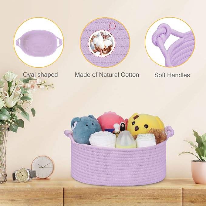 Small Empty Gift Basket with Bag & Ribbons, Purple | 12“x8”x5”, Cotton Rope Woven Basket for Birthdays, Baby Showers, Mother's Day, Christmas; Stores Small Items, Kids & Pet Toys