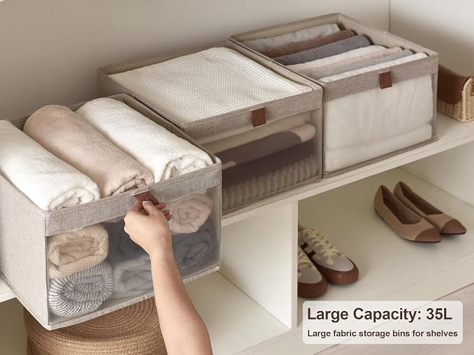 StorageWorks Closet Storage Bins, Storage Baskets, Brown and Beige, 3-Pack | Clear Window for Visibility, Soft Leather Handle, Flip to Show/Hide, Breathable Fabric, Holds Coats, Towels, Blankets, Toys