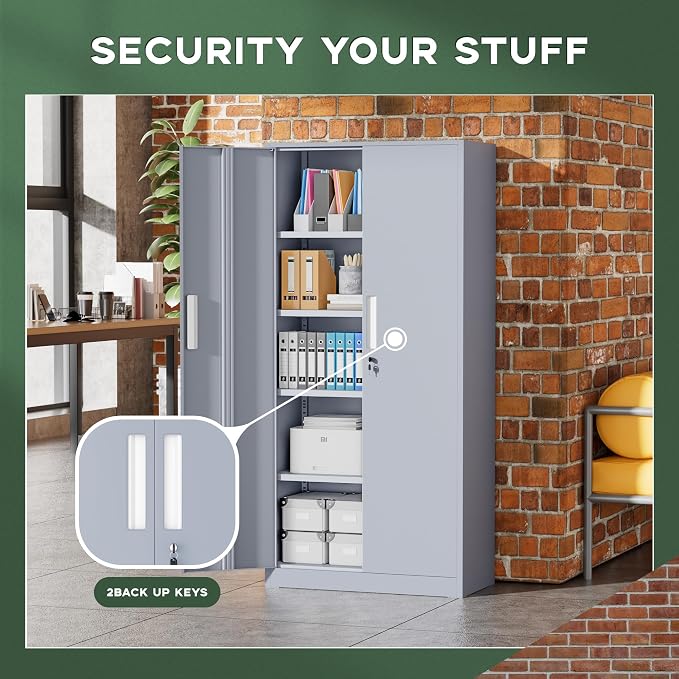 Greenvelly Metal Storage Cabinet,72" Locking Metal Garage Storage Cabinet with Doors and 4 Adjustable Shelves, Lockable Steel Cabinet for Home Office, Garage, Shop, School (Dark Grey 32" W x 16" D)