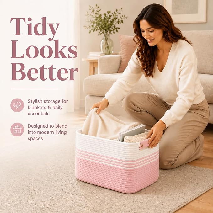 22.8GAL Extra Large Collapsible Laundry Basket for Dirty Clothes,Shoes, Sturdy Portable Aesthetic Boho Heavy Duty Wicker Hamper for Living Room Thow Pillows Blankets Storage Organizer,White Pink