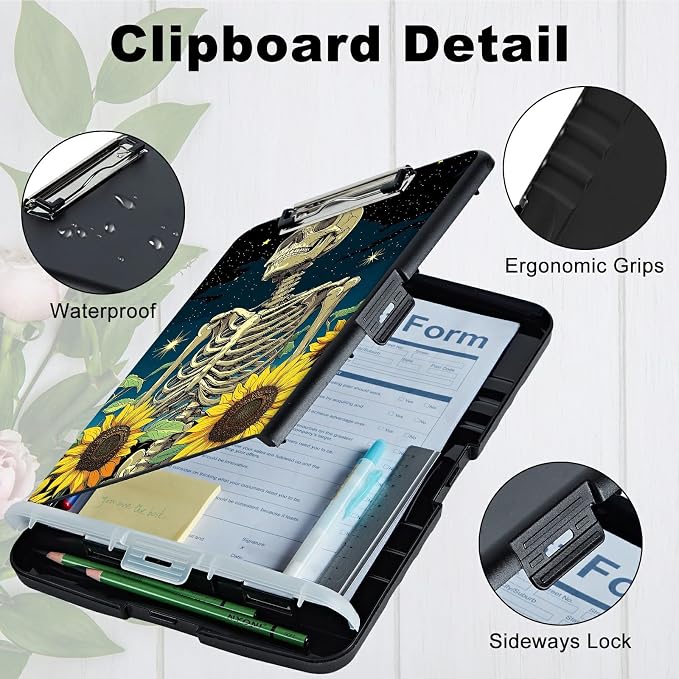 A4 Clipboard with Storage Pen Holder, Clipboards Organizer Nursing Clipboard Foldable File Folder Plastic Clipboard Folio Clip Board for Office Work Classroom Doctor, Dark Skull Sunflower