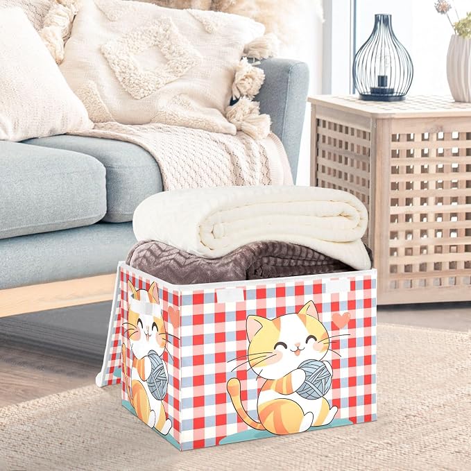 Cute Cat Ball Fabric Storage Bins with Lid Closet Storage Basket 40L | Foldable & Stackable, Flip Top Dust Guard, Reinforced Handles, Home & Bedroom, Clothes & Toys, Cat Print Basket