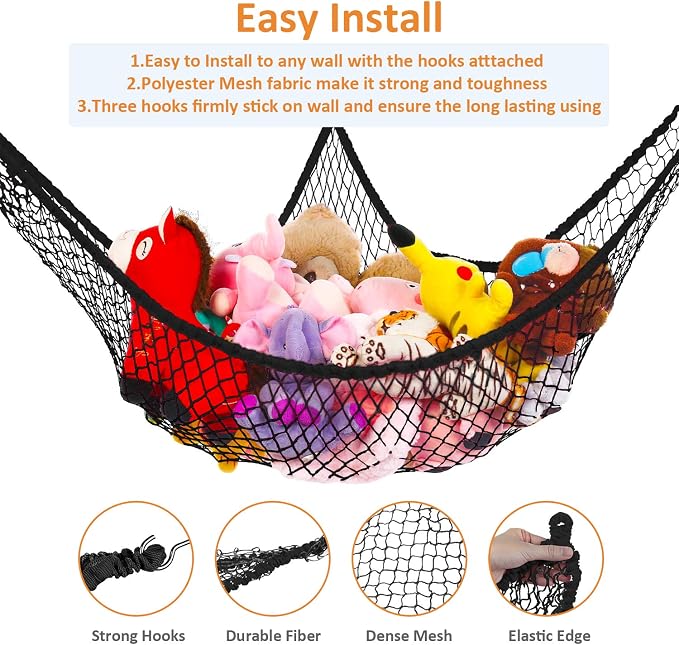 Toy Hammock for Stuffed Animals, Stuffed Animal Hammock Net Jumbo Plush Toy Storage Cornet Net 70" Wall Sling Large Teddy Bear Storage Organizer Black