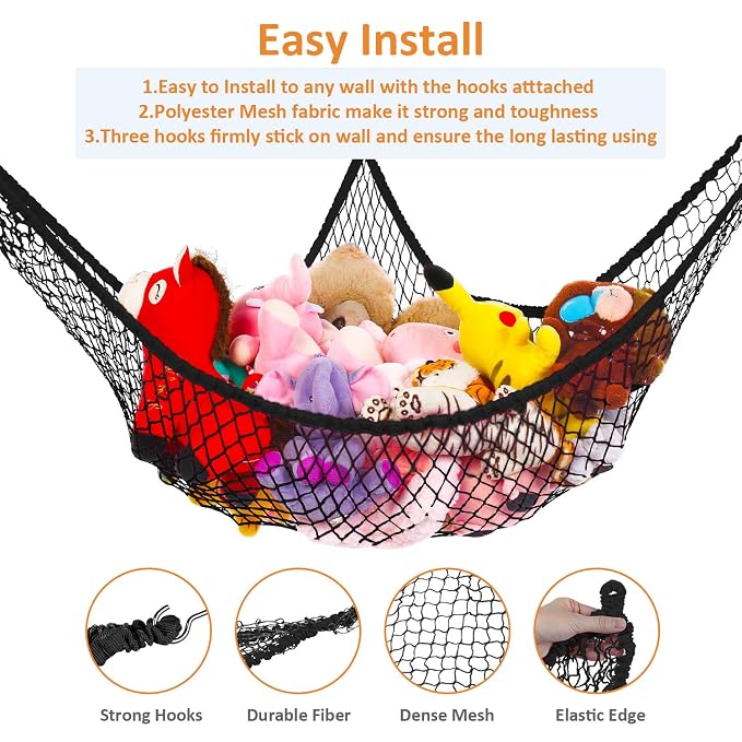 Stuffed Animal Hammock, Jumbo Toy Storage Net 83" Wall Sling Corner Extra Large Kids Children Mesh Toy Net Organizer (Black, 83 Inch)