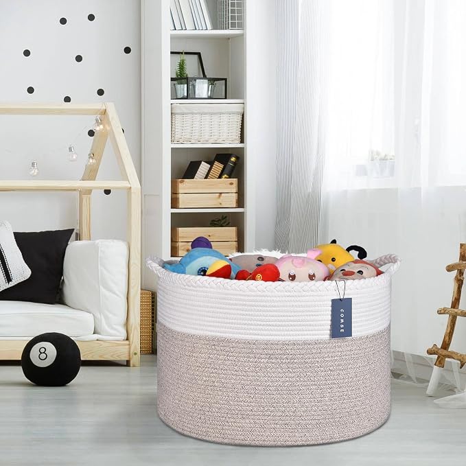 COMSE XXXLarge Woven Blanket & Laundry Basket, 87L, White & Light Brown | 21.7" x 13.8", Cotton Rope, Nursery Hamper for Storage of Toys Clothes Towels, Ideal for Living Room Bedroom Bathroom