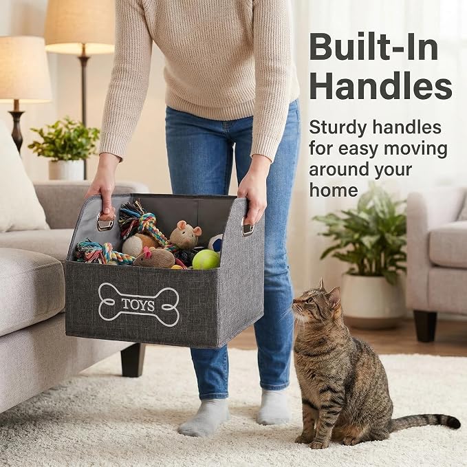 Foldable Dog Toy Basket-Dog Toys Bin-Dog Toy box-Storage Basket with Handle,Organizer Bin for Pet Toys, Blanket, Shelves, Closet -gray
