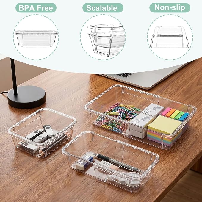PrecisionAuto Expandable Drawer Organizer Set | Clear PET Plastic Desk Dividers for Office, Kitchen, Bathroom, and Vanity, Adjustable, Multi-Size Storage Bins Space-Saving