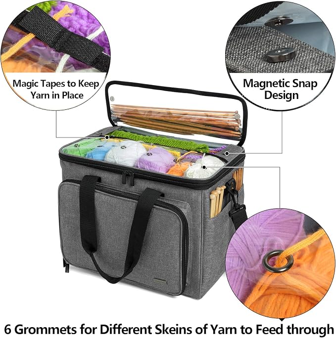Teamoy Knitting Bag, Yarn Storage Organizer Crochet Bag Tote, Gray | Yarn Holder with Inner Divider(Sewn to Bottom) for Crochet Hook, Knitting Needles(Up to 14"), Project and Crocheting Supplies