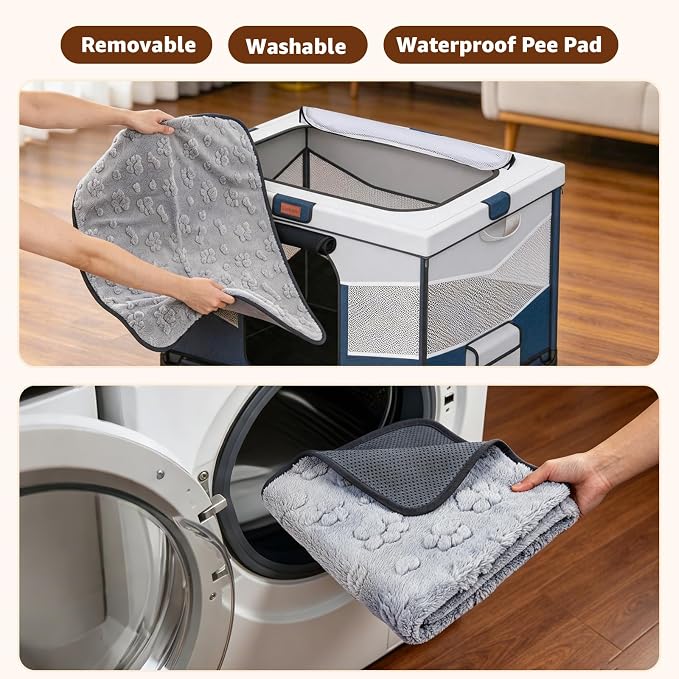 LOOBANI Foldable Dog Playpen with Washable Pee Pad, 32"x24"x22", Blue | Portable Pet Playpen for Small Dogs Cats Indoor Use, Sturdy Dog Crate with Premium Frame and 690D Oxford Waterproof Cover