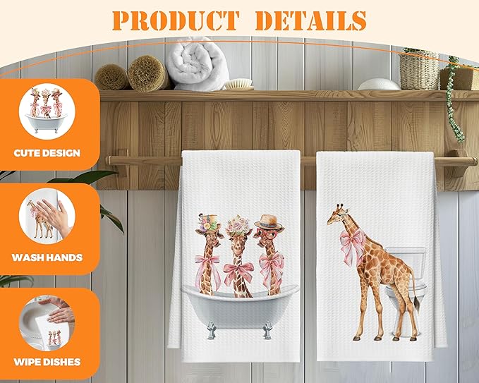 Bath Towels Set of 2, Giraffe Dish Towel for Bathroom Spa Washroom, Pink Bow Fast Drying Decorative Hand Towels, Funny Housewarming for Giraffe Lovers Women Mom -04