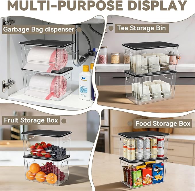 Trash Bag Dispenser Under Sink Organizer for Pantry, Kitchen | Acrylic Garbage Bag Dispenser, with Black Bamboo Top & Handles, Extra Large, Keep Onions and Potatoes Neat, Clear, Stackable