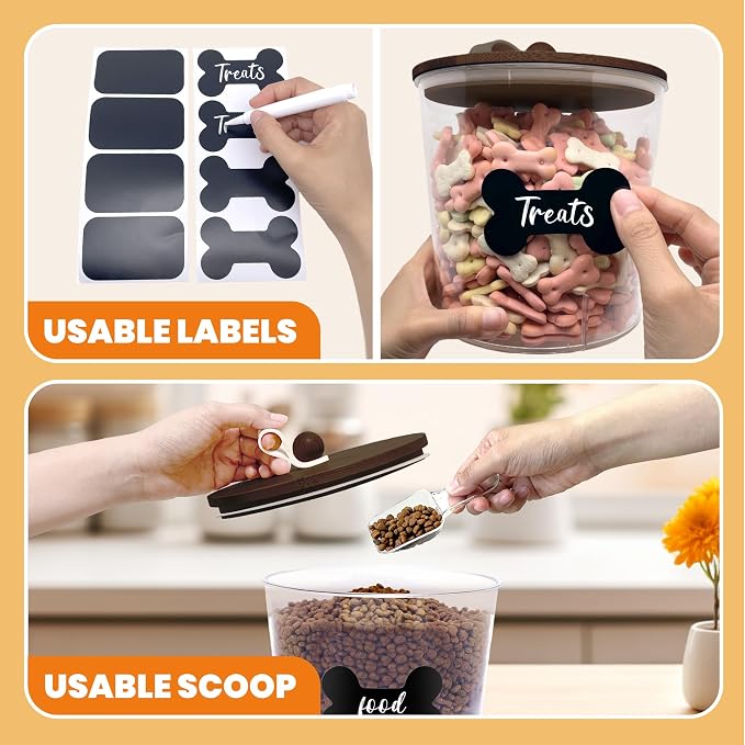 HOYTAMDAR 3 Pack Airtight Dog Treat Containers Bamboo Lids, Dog Treat Jars | Dog Food Storage Container with Scoops, Clamps, Labels and Marker, Dog & Cat Treat Holder