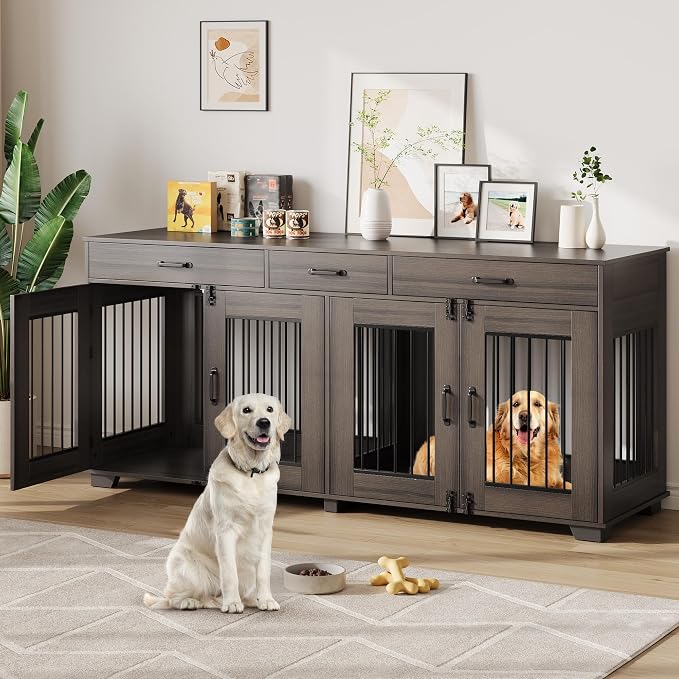 IDEALHOUSE 71-Inch Large Dog Crate with 3 Drawers for 2 Dogs, Walnut | Dog Kennel Furniture, Large Breed Dog Crate and TV Stand for Medium-Large Dog