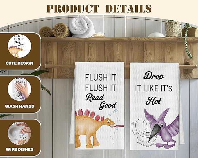 Bath Towels Set of 2, Cute Funny Dinosaurs Dish Towel for Bathroom Spa Kitchen, Decorative Hand Towels, Fast Drying Tea Towel, Housewarming Xmas Gifts for Dinosaurs Lover Women Mom -B31