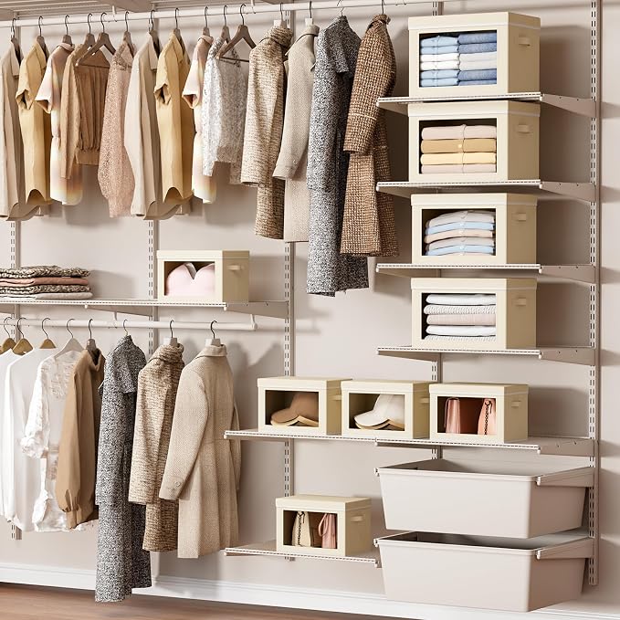 Storage Bins with Lids - Small Fabric Organizers with Window, Collapsible Storage Bins for Clothes, Decorative Closet Organizers for Towels, Tshirt, 3 Pack, Beige