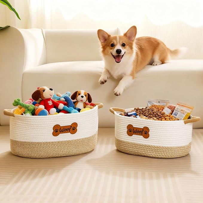 Large Dog Toy Basket Box Bin, Woven Storage Baskets for Dog Cat, Cotton Rope Toys Storage Basket for Dogs Cats Bed Toys Accessories Organizer With Handles for All Pets-Puppies to Large