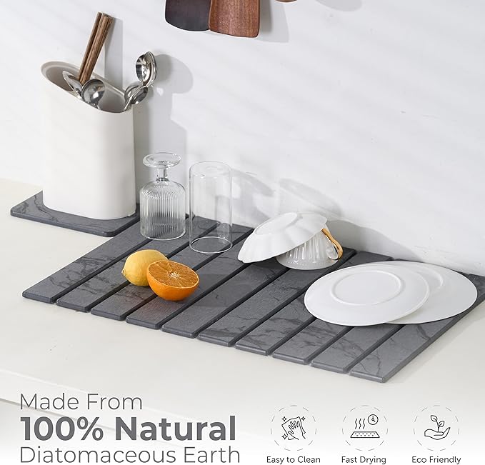Drying Matt Kitchen Counter,Large Stone Dish Drying Mat for Kitchen Counter,Foldable Water Absorbing Diatomaceous Earth Drying Organizer Pad for Kitchen Utensils(Dark Gray 24"×16" & 8"x4")
