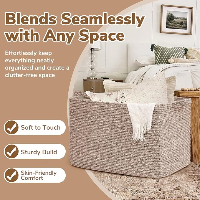 Goodpick 105L Extra Large Woven Rope Blanket Basket, Rectangle, Brown | 25'' x 16'' x 16'' Storage Basket for Blankets, Clothes & Pillows, Living Room & Bedroom Organization, Reinforced Handles