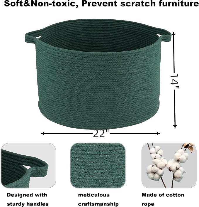 XUANGUO Extra Large Cotton Rope Round Storage Basket 22" x 14" Dark Green | Woven basket for blankets, toys, towels, laundry, nursery, living room and pet toy storage.