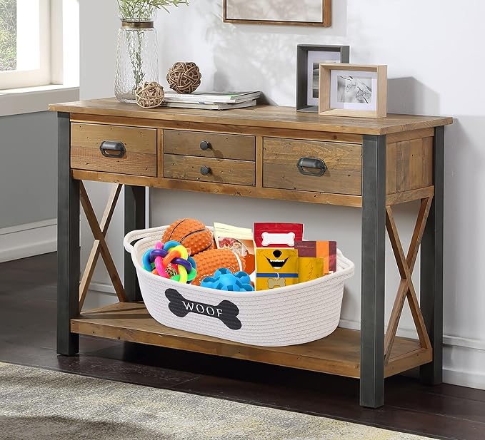 Morezi Dog toy baskets pet toy basket storage in small shallow stuff bin - Perfect for collect puppy toys, cat toy, grooming stuff, diapers, bed, for Bathroom, Playroom, Closet, Home - Beige