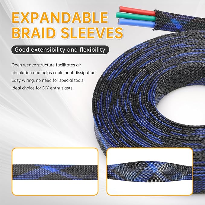 Braided Cable Sleeve, 33ft Expandable Wire Loom for Automotive Wiring Harness & PC Case, Pet-Proof Chew Resistant Cord Protector, Flexible Cable Management (Black-Purple, 6mm (1/4"))